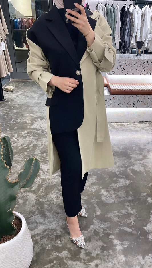 Beige & black light trench